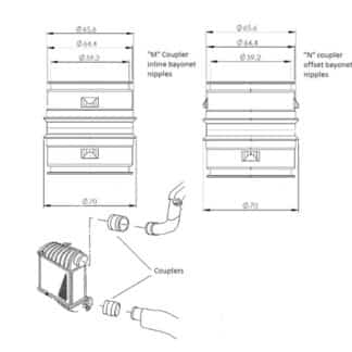 <p>A pair of alloy male to male bayonet style 65mm couplers. One coupler has inline bayonet nipples and the other offset. This pair of couplers replace the pressed steel hose couplers that are found on the VW / Audi/SEAT/Skoda 130 hp diesel engines ( ASZ engine code). The couplers connect the boost pipework to the intercooler ( see diagrams below ) This replacement eliminates the problem of the OEM couplers blowing apart. This upgrade is advisable to all software upgraded
