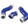 This kit comprises of three silicone hoses complete with CNC alloy couplers and the highest quality stainless clamps. These hoses will withstand greater temperatures and pressures compared with the OEM hoses and they look fantastic. The hoses replace the two intercooler hoses and also the throttle body hose.