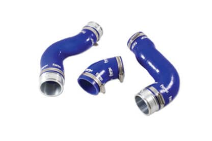 This kit comprises of three silicone hoses complete with CNC alloy couplers and the highest quality stainless clamps. These hoses will withstand greater temperatures and pressures compared with the OEM hoses and they look fantastic. The hoses replace the two intercooler hoses and also the throttle body hose.