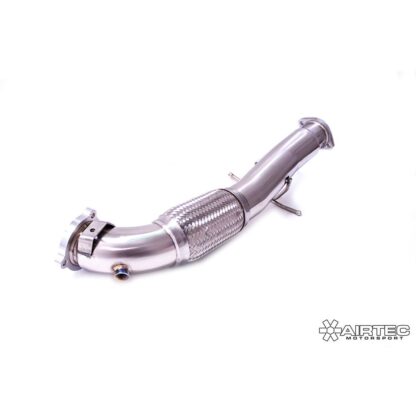 The AIRTEC Motorsport 3.5" downpipe reduces down to a 3" flange to fit the stock cat / aftermarket de-cat or sports cat.Can be easily cut and modified to fit a larger flange.Made to a high quality standard and all tubing is finished in brushed stainless steel.Designed and finished in the UK*This is a universal fitting product proven to give significant power gains as well as increased pops and bangs due to an improved flow of exhaust gases.*We recommend this to be used with Stage 2 (ECU Software) but can be used with a standard car.Supplied with all relevant gaskets and fixings.Comes with downpipe locking bolts.Manufactured from T304 grade stainless steel tube.Formed using the finest mandrel bending machines.Please note: De-cats are sold for motorsport and off road use only and will not pass a UK MOT test or police road side checks.AIRTEC part number: ATEXHFO9