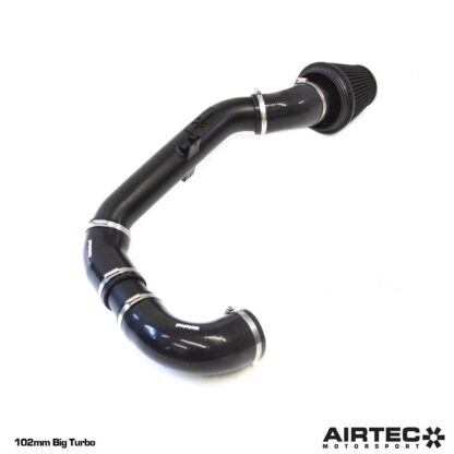 the enlarged induction pipe features a huge increase in overall internal volume to reduce restriction and improve flow to the turbo. The kit features a large AIRTEC Motorsport cotton air filter that mounts to an 80mm aluminium trumpet and a silicone coupler attaches it the enlarged induction pipe