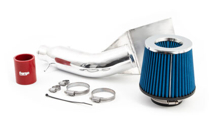 and filters the air with a Forge cone filter which gives an excellent induction noise. It comes with a heat shield integrated into the design