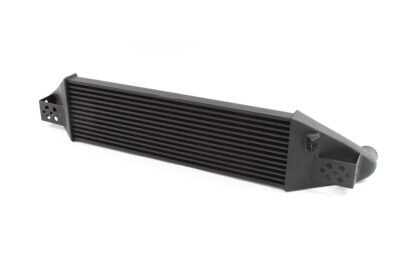 giving it overall more surface area for heat dissipation. The end tanks and mounting brackets are also unique to this application. Before and after Dyno testing quickly showed the significant gains of this intercooler were achieved in the upper range