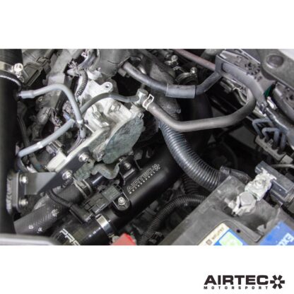 the pipework is finished in powder-coated black for a subtle OEM+ look and is joined with a Pro Hoses silicone pipe and connector. The installation package includes all fixtures and fittings