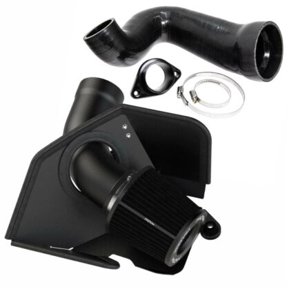 designed to optimise airflow. Offers proven performance gains – especially with a tuned vehicle.  CNC machined turbo adapter 4-ply Silicone Intake hose Heat shield helps maintain low intake temperatures by providing a physical barrier between the air filter and the rest of the engine bay Includes all nuts bolts
