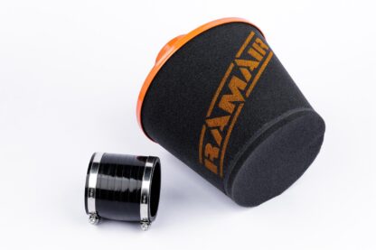 This filter is designed to be inserted into a flexible hose such as a rubber or silicone intake pipe. These filters have an aluminium ram-pipe neck and a cone shaped filter element. This integral cone channels all the incoming air