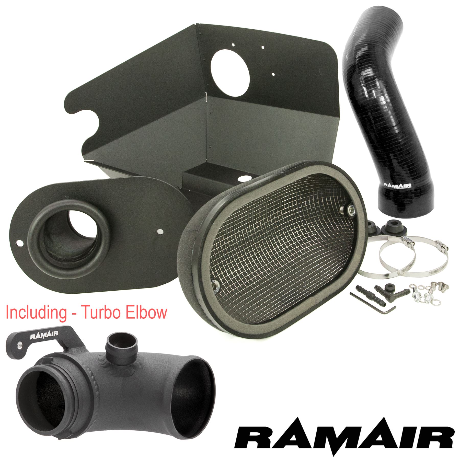 Seat and Skoda MQB platform. Please note alternative silicone colour options of red or blue available.  Features  Full system to turbo Improves performance and throttle response Enhanced induction and turbo sound Full fitting kit and instructions Easy to clean using our filter maintance kit - CK-003  What Does It Do? This performance intake kit allows improved air flow and sound over the standard restrictive factory equipment. What Will I Get? Ramair Filters utilise the top-quality components in all their kits see below for what this kit will include:  Black powder coated heat shield Black powder coated turbo elbow Ramair foam filter Black silicone intake pipe Full fitting kit with easy step by step instructions  If you have any queries on this product fitment then please contact us via 01793 296 344 or on our live chat and one of our brand associates will be more than happy to assist.