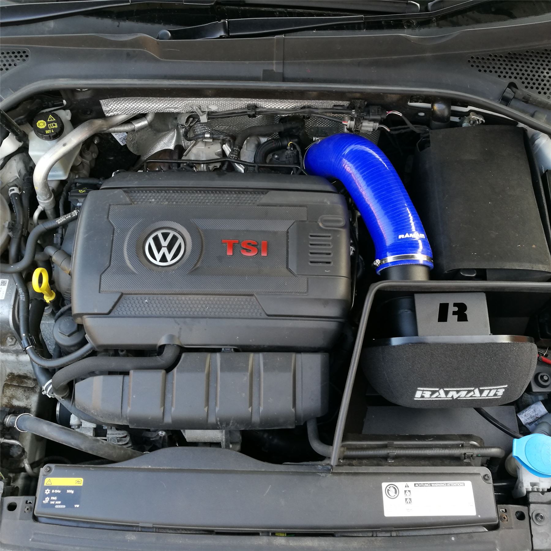 Seat and Skoda MQB platform. Please note alternative silicone colour options of black or red available.  Features  Full system to turbo Improves performance and throttle response Enhanced induction and turbo sound Full fitting kit and instructions Easy to clean using our filter maintance kit - CK-003  What Does It Do? This performance intake kit allows improved air flow and sound over the standard restrictive factory equipment. What Will I Get? Ramair Filters utilise the top-quality components in all their kits see below for what this kit will include:  Black powder coated heat shield Black powder coated turbo elbow Ramair foam filter Blue silicone intake pipe Full fitting kit with easy step by step instructions  If you have any queries on this product fitment then please contact us via 01793 296 344 or on our live chat and one of our brand associates will be more than happy to assist.