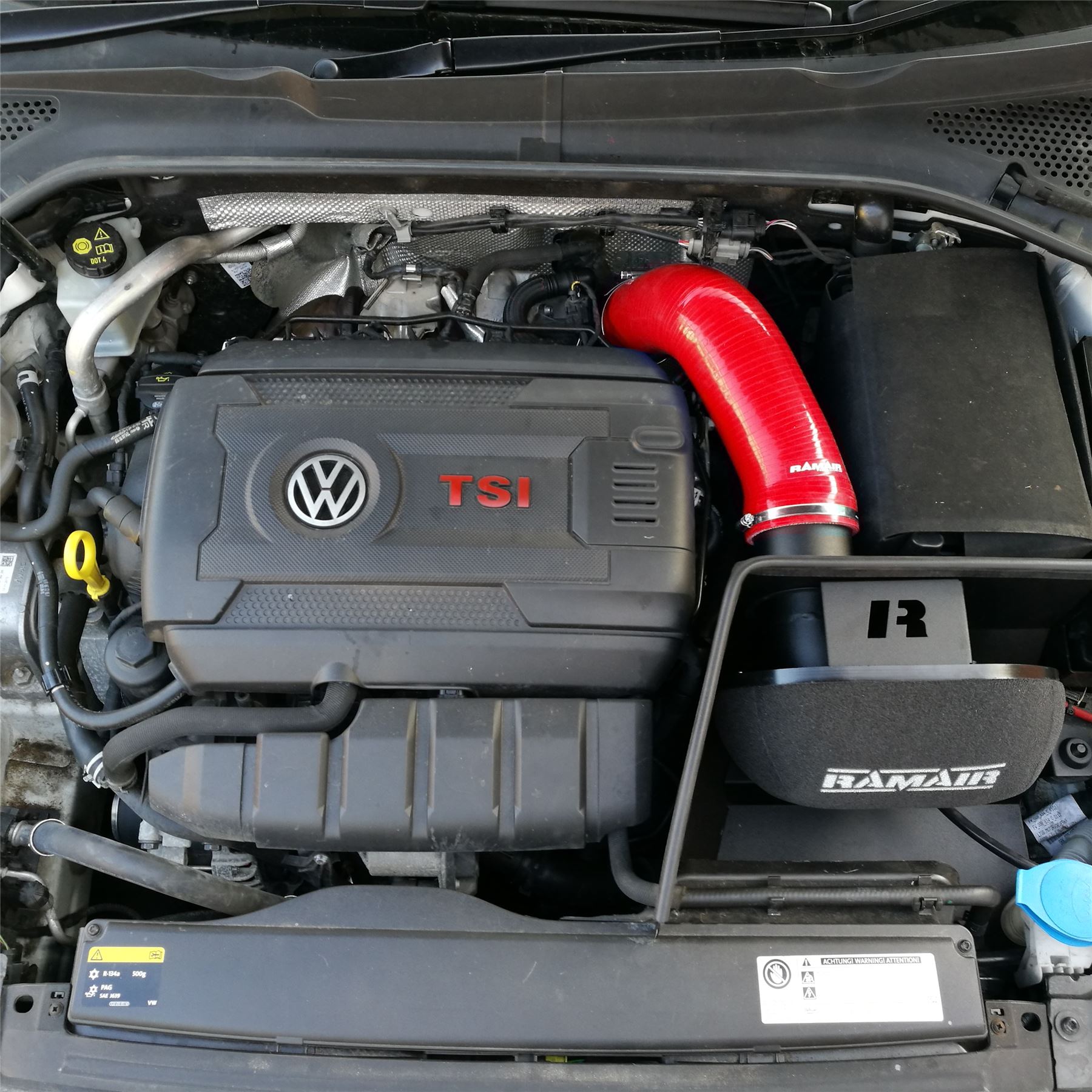 Seat and Skoda MQB platform. Please note alternative silicone colour options of black or blue available.  Features  Full system to turbo Improves performance and throttle response Enhanced induction and turbo sound Full fitting kit and instructions Easy to clean using our filter maintance kit - CK-003  What Does It Do? This performance intake kit allows improved air flow and sound over the standard restrictive factory equipment. What Will I Get? Ramair Filters utilise the top-quality components in all their kits see below for what this kit will include:  Black powder coated heat shield Black powder coated turbo elbow Ramair foam filter Red silicone intake pipe Full fitting kit with easy step by step instructions  If you have any queries on this product fitment then please contact us via 01793 296 344 or on our live chat and one of our brand associates will be more than happy to assist.