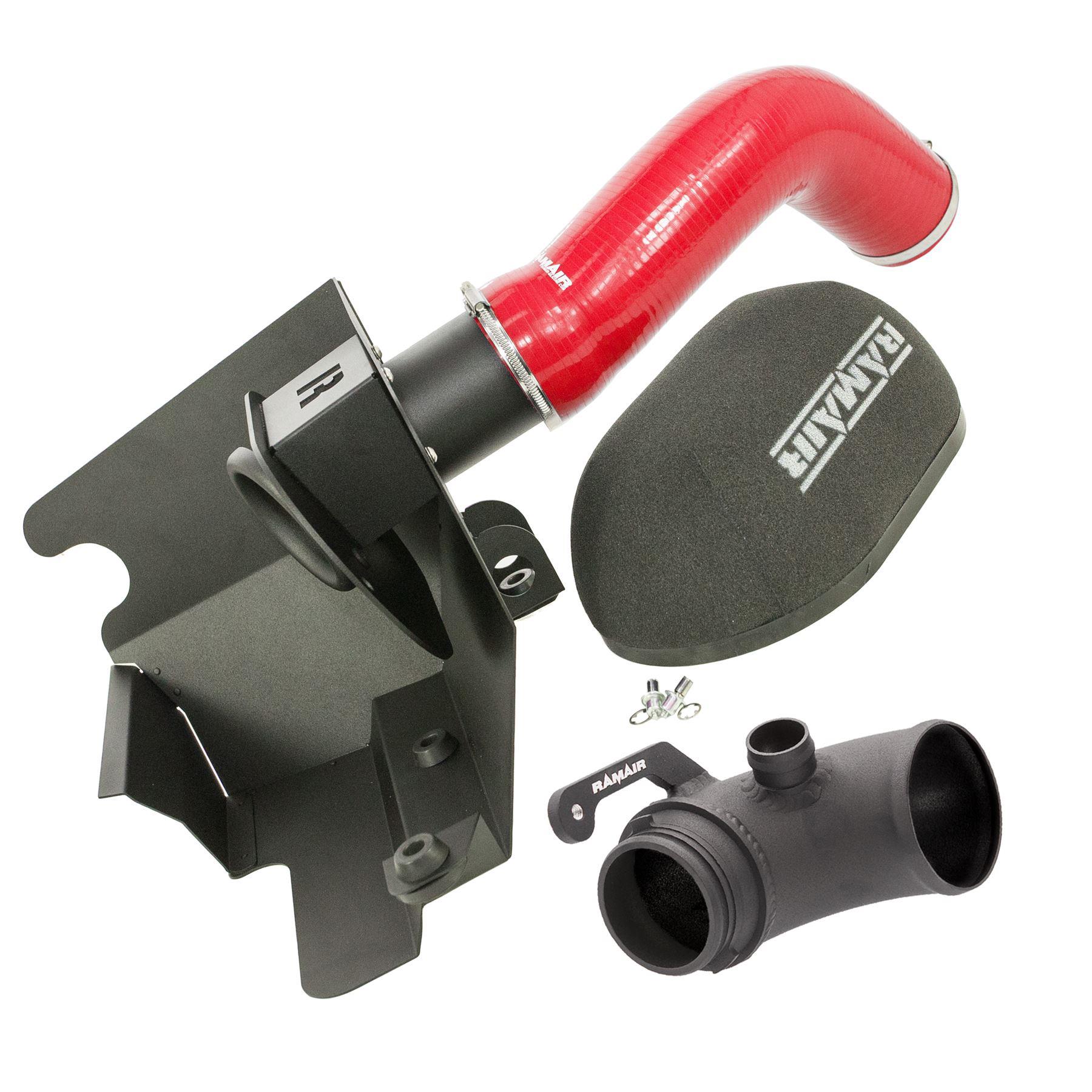 Seat and Skoda MQB platform. Please note alternative silicone colour options of black or blue available.  Features  Full system to turbo Improves performance and throttle response Enhanced induction and turbo sound Full fitting kit and instructions Easy to clean using our filter maintance kit - CK-003  What Does It Do? This performance intake kit allows improved air flow and sound over the standard restrictive factory equipment. What Will I Get? Ramair Filters utilise the top-quality components in all their kits see below for what this kit will include:  Black powder coated heat shield Black powder coated turbo elbow Ramair foam filter Red silicone intake pipe Full fitting kit with easy step by step instructions  If you have any queries on this product fitment then please contact us via 01793 296 344 or on our live chat and one of our brand associates will be more than happy to assist.