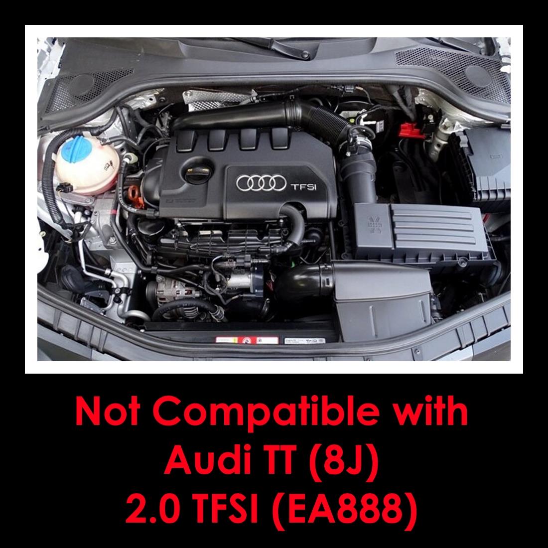 This Performance intake kit is designed to fit the Audi TT (8J) 2006 - 2014 with 2.0 TFSI EA113 engine. (BWA or BPY engine code and battery in the boot) Please note this is not compatible with left hand drive vehicles. Features  Improves performance and throttle response Enhanced induction and turbo sound Full fitting kit and instructions Easy to clean using our filter maintance kit - CK-003  What Does It Do? This performance intake kit allows improved air flow and sound over the standard restrictive factory equipment. What Will I Get? Ramair Filters utilise the top-quality components in all their kits see below for what this kit will include:  Black powder coated heat shield Ramair foam filter Black powder coated aluminium intake pipe Black silicone couplers Full fitting kit with easy step by step instructions  If you have any queries on this product fitment then please contact us via 01793 296 344 or on our live chat and one of our brand associates will be more than happy to assist.