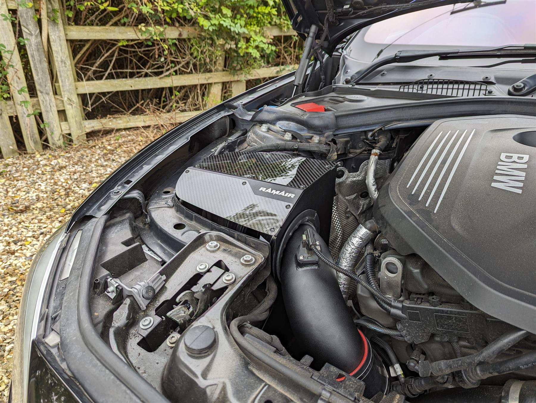 440i models from 2016 onwards with the B58 3.0L turbocharged petrol engines. Features  90mm intake diameter Matched OEM MAF sensor dimensions Improves performance and throttle response Enhanced induction and turbo sound Full fitting kit and instructions Easy to clean using our filter maintance kit - CK-003  What Does It Do? This performance intake kit allows improved air flow and sound over the standard restrictive factory equipment. What Will I Get? Ramair Filters utilise the top-quality components in all their kits see below for what this kit will include:  Black powder coated heat shield Carbon fibre lid Ramair foam filter Black powder coated hard pipe Black silicone reducer Black silicone coupler Full fitting kit with easy step by step instructions  If you have any queries on this product fitment