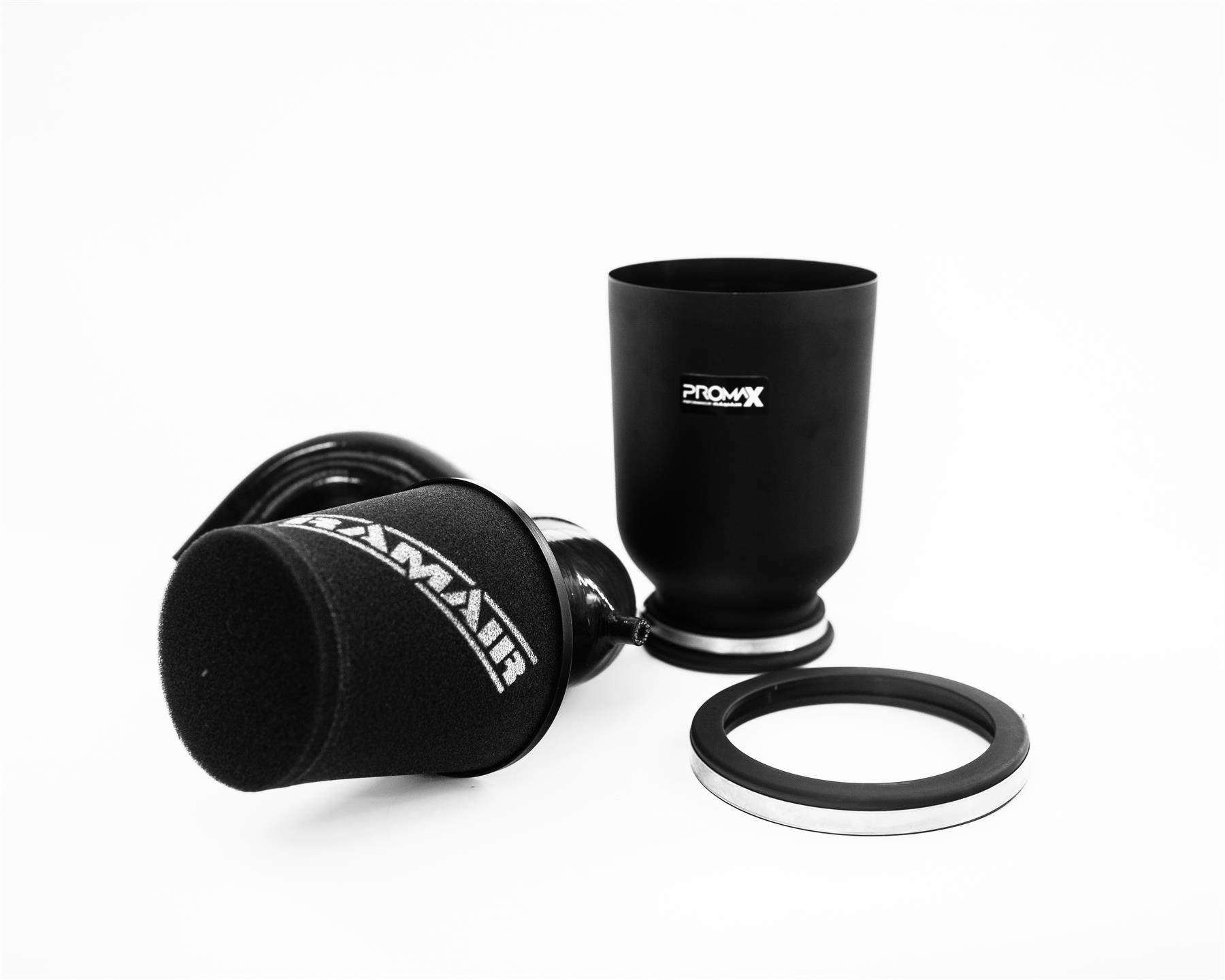 The ProMax enclosed filter has a modular design. Supplied with a bell mouth inlet and base adapter the housing can be combined with a foam Ramair or a pleated Proram filter. The aluminium enclosure shields against engine temps whilst the bell mouth is positioned for an increased cold air feed resulting in an added performance boost. This kit also includes custom silicone hoses from filter to turbo to increase performance and overall design aesthetics. The added hoses help create a more direct