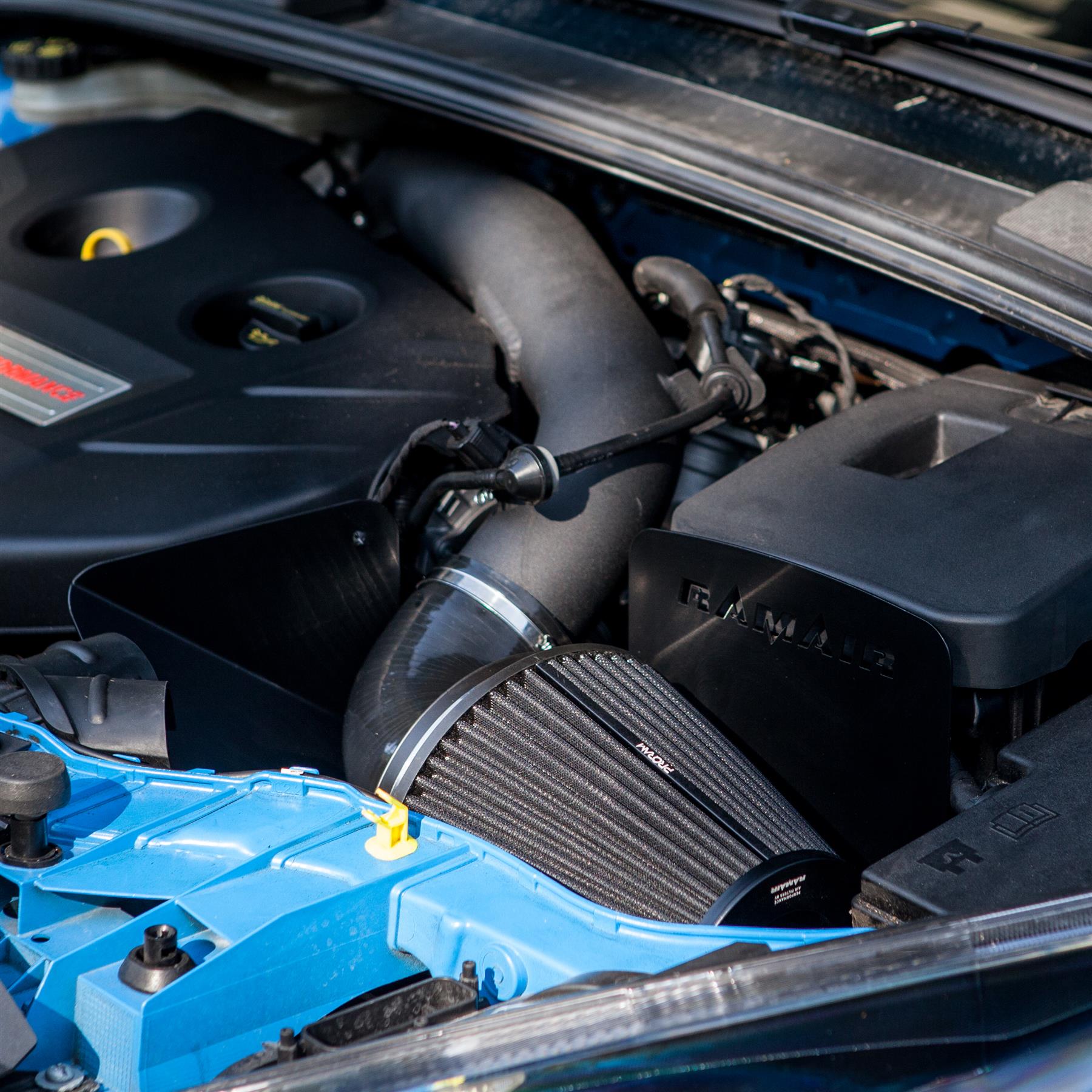 allowing for a clean 'OEM-Plus' look.  This kit mounts to standard factory mounting points and rubbers.  The heat shield helps maintian low intake temperatures by providing a barrier between the air filter and the rest of the engine bay. This kit directs the air from the factory cold feed around the cone filter. Easy to clean using our filter maintance kit - CK-003  What Does It Do? This induction kit will increase the airflow into the turbo while increasing engine noise over the restrictive factory air intake system. This kit includes everything required for the fitting of the induction kit. What Will I Get? Ramair Filters utilise the top-quality components in all their kits see below for what this kit will include:    Black laser cut precision folded heat shield