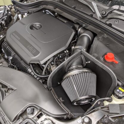 This is an induction kit for Mini Cooper (F56) One 1.2T (B38 engine). This kit is for vehicles with no MAF sensor. Please check your factory air box to make sure your air box does not have an air flow sensor. Features  This kit mounts to standard factory mounting points and rubbers.  The heat shield helps maintian low intake temperatures by providing a barrier between the air filter and the rest of the engine bay. This kit directs the air from the factory cold feed around the cone filter. Twin-tangential velocity stack