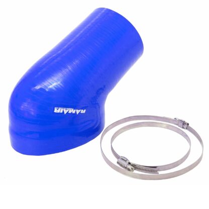 The Ramair Silicone Intake Pipe (part no. RIP-001) has been designed to replace the standard OEM plastic induction hose on the BMW E46 M3. The hose is constructed to provide a constant radius reducing restriction in the initial stage of the intake tract and is a direct replacement for the factory pipework. The hose is supplied with a pair of high quality Stainless Steel W2 hose clamps replacing the difficult to use OEM spring clamps. The hose is made from high-quality silicone with 5-ply polyester mesh reinforcement for added structural rigidity to prevent collapse under high load. It can be used in conjunction with the standard factory air box or any aftermarket induction kit that mounts to the standard air box position. Internal diameter: 95mm