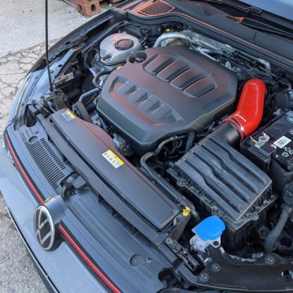 This Ramair Silicone Intake Pipe has been designed to replace the standard OEM plastic induction hose on the 245bhp 2.0 TSI EA888 Gen 4 engine in the VW Golf mk8 GTI other MQB Evo platform vehicles. The hose is constructed to provide a constant radius reducing restriction in the initial stage of the intake tract and is a direct replacement for the factory pipework. The hose is supplied with a pair of high quality Stainless Steel W2 hose clamps replacing the difficult to use OEM spring clamps. The hose is made from high-quality mutli-ply silicone with fabric mesh reinforcement. It can be used in conjunction with the standard factory air box or any aftermarket induction kit that mounts to the standard air box position. The internal measurements are 80mm diameter at the airbox end and 70mm diameter at the turbo adapter.
