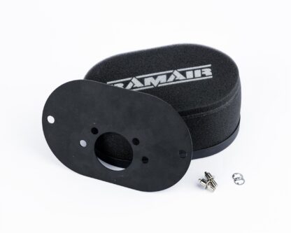 supported by a stainless steel cage and provides maximum surface area to optimise the airflow for induction ramming. The range of baseplates are cut for a variety of well known carburettor types and have quick-release fasteners to attach the element. RS-Series filter elements are manufactured at four standard heights to take account of variations in the space available for fitting. Features  High performance twin layer foam Black powder coated base plate Easy to use push clips to attach and detach filter  Easy to clean using our filter maintance kit - CK-003 Guaranteed against manufacturing defects for life (single user