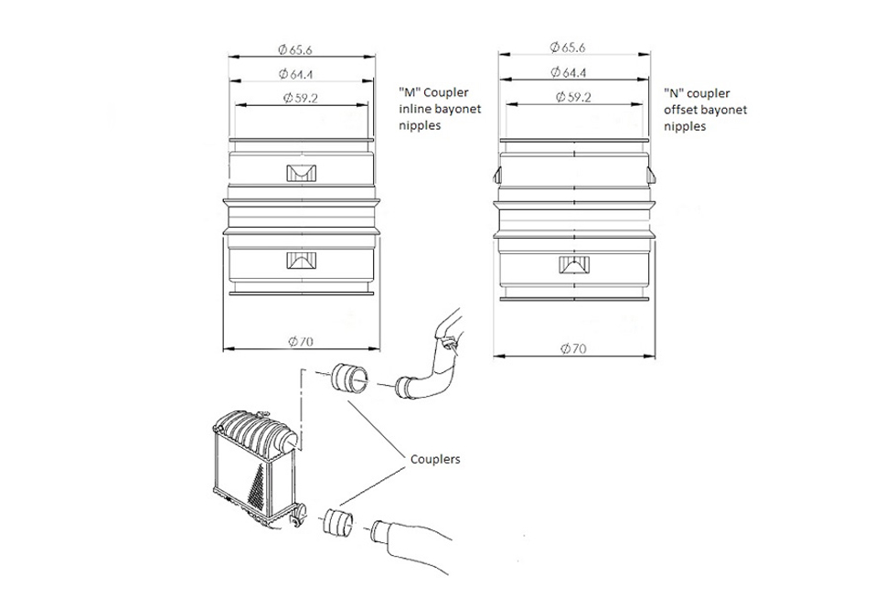 <p>A pair of alloy male to male bayonet style 65mm couplers. One coupler has inline bayonet nipples and the other offset. This pair of couplers replace the pressed steel hose couplers that are found on the VW / Audi/SEAT/Skoda 130 hp diesel engines ( ASZ engine code). The couplers connect the boost pipework to the intercooler ( see diagrams below ) This replacement eliminates the problem of the OEM couplers blowing apart. This upgrade is advisable to all software upgraded