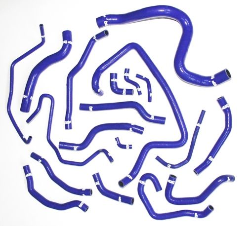 this is a real monster with a total of 19 silicone hoses. They are replacements for the OEM rubber coolant hoses