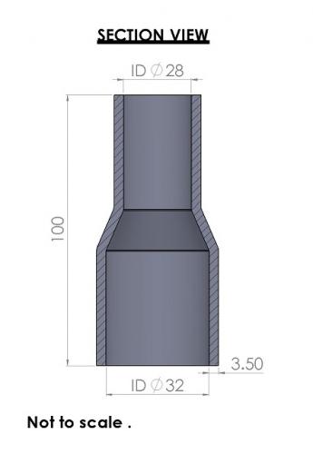 <li>Straight reducer hoses are 100mm long up to 57mm diameter and 125mm long from 60mm to 102mm.</li>