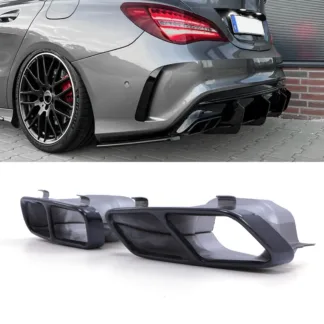 Gravity Performance tailpipes designed to replace the OEM exhaust tips with quad exit pipes. Our Gravity Performance exhaust tips fits with CLA45 style diffusers to give your vehicle a full AMG look.